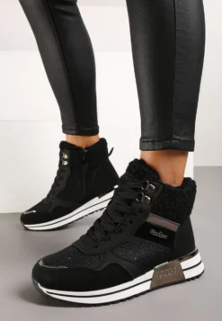 Czarne Sneakersy Zdobione Metaliczną Aplikacją Brokatem i Futrem Saliriel