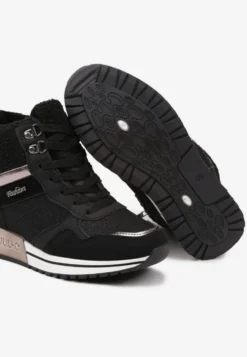 Czarne Sneakersy Zdobione Metaliczną Aplikacją Brokatem i Futrem Saliriel