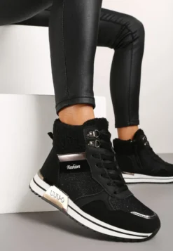 Czarne Sneakersy Zdobione Metaliczną Aplikacją Brokatem i Futrem Saliriel