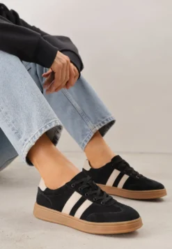 Czarne Sneakersy ze Skóry Naturalnej z Geometrycznym Wzorem Zetisius