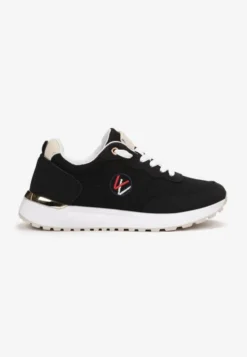 Czarne Sneakersy z Haftowaną Naszywką i Metaliczną Wstawką Elnara
