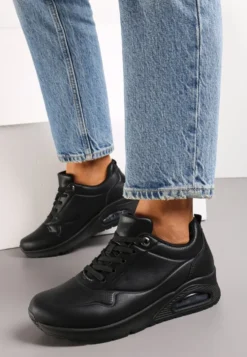 Czarne Sneakersy z Imitacji Skóry na Podeszwie Air ze Sznurowaniem Nirele