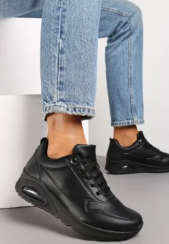 Czarne Sneakersy z Imitacji Skóry na Podeszwie Air ze Sznurowaniem Nirele