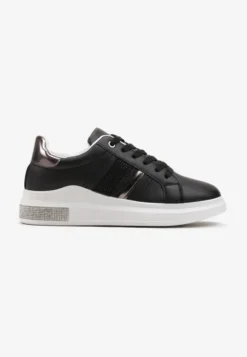 Czarne Sneakersy z Imitacji Skóry z Metalicznym Akcentem i Cyrkoniami Evadine