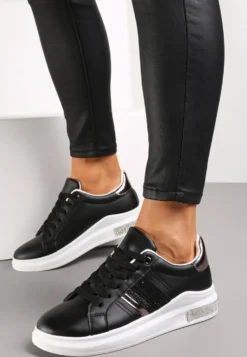 Czarne Sneakersy z Imitacji Skóry z Metalicznym Akcentem i Cyrkoniami Evadine