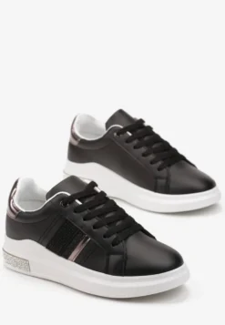 Czarne Sneakersy z Imitacji Skóry z Metalicznym Akcentem i Cyrkoniami Evadine