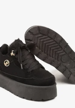 Czarne Sneakersy z Imitacji Zamszu na Grubej Podeszwie Wyściełane Futerkiem Senavel