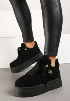 Czarne Sneakersy z Imitacji Zamszu na Grubej Podeszwie Wyściełane Futerkiem Senavel