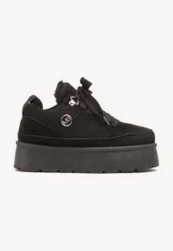 Czarne Sneakersy z Imitacji Zamszu na Grubej Podeszwie Wyściełane Futerkiem Senavel