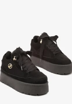 Czarne Sneakersy z Imitacji Zamszu na Grubej Podeszwie Wyściełane Futerkiem Senavel