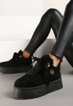 Czarne Sneakersy z Imitacji Zamszu na Grubej Podeszwie Wyściełane Futerkiem Senavel