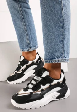 Czarne Sneakersy z Ozdobnym Sznurkiem z Cyrkoniami Saerina