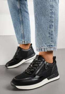 Czarne Sneakersy z Wkładką ze Skóry Naturalnej Zdobione Suwakiem Fihanor