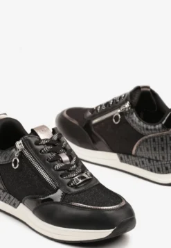 Czarne Sneakersy z Wkładką ze Skóry Naturalnej Zdobione Suwakiem Fihanor