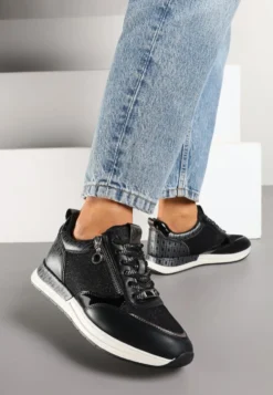 Czarne Sneakersy z Wkładką ze Skóry Naturalnej Zdobione Suwakiem Fihanor