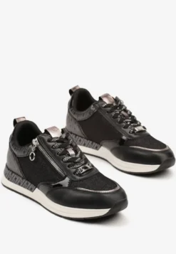 Czarne Sneakersy z Wkładką ze Skóry Naturalnej Zdobione Suwakiem Fihanor