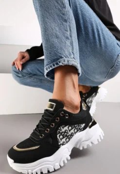 Czarne Sneakersy z Wstawkami na Grubej Podeszwie Trenta