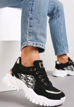 Czarne Sneakersy z Wstawkami na Grubej Podeszwie Trenta