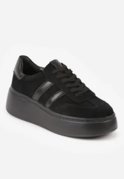 Czarne Sneakersy z Zamszu Naturalnego na Platformie ze Skórzaną Wkładką Rionelle