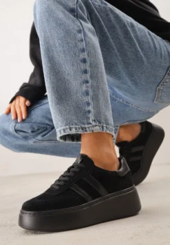 Czarne Sneakersy z Zamszu Naturalnego na Platformie ze Skórzaną Wkładką Rionelle