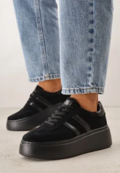 Czarne Sneakersy z Zamszu Naturalnego na Platformie ze Skórzaną Wkładką Rionelle