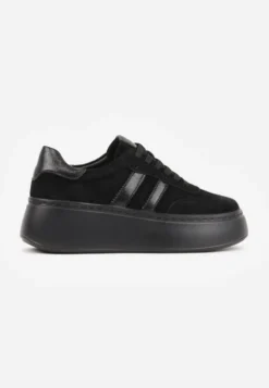 Czarne Sneakersy z Zamszu Naturalnego na Platformie ze Skórzaną Wkładką Rionelle