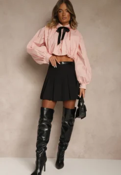 Czarne Spódnico-Spodenki High Waist z Plisowaniem Wykończone Paskiem Eviennes