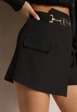 Czarne Spódnico-Szorty High Waist z Metalową Ozdobą w Pasie Derula
