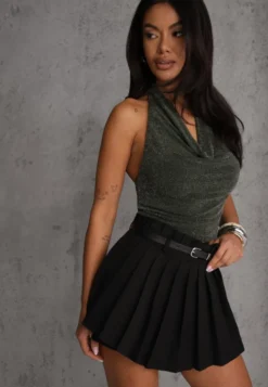 Czarne Spódnico-Szorty Plisowane High Waist Ozdobione Paskiem Eranivia