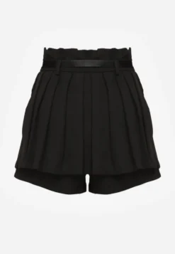 Czarne Spódnico-Szorty Plisowane High Waist Ozdobione Paskiem Eranivia