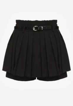 Czarne Spódnico-Szorty Plisowane High Waist Ozdobione Paskiem Eranivia
