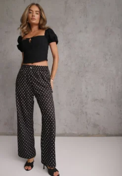 Czarne Spodnie Casual Wide Leg High Waist Zdobione Wzorem w Kropki Oceasa