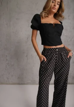 Czarne Spodnie Casual Wide Leg High Waist Zdobione Wzorem w Kropki Oceasa