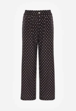 Czarne Spodnie Casual Wide Leg High Waist Zdobione Wzorem w Kropki Oceasa