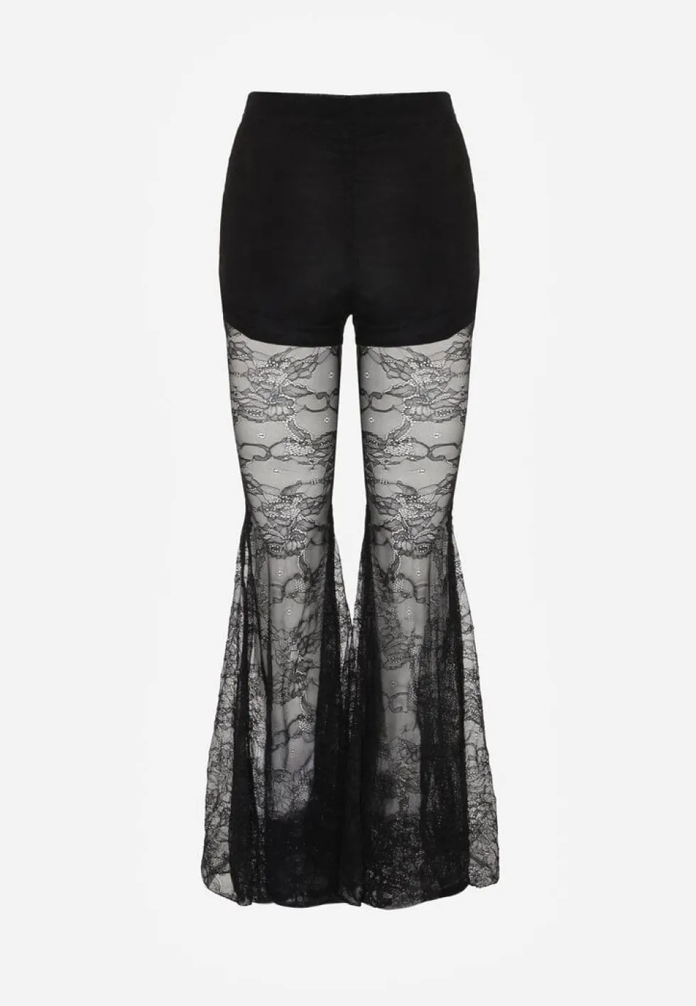 Czarne Spodnie High Waist o Kroju Dzwonów z Koronki Ferella