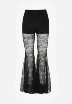 Czarne Spodnie High Waist o Kroju Dzwonów z Koronki Ferella