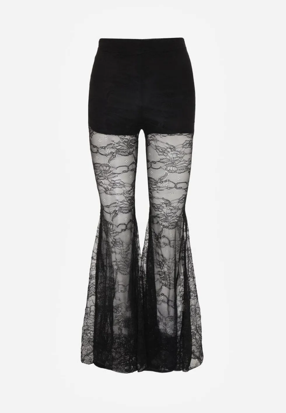 Czarne Spodnie High Waist o Kroju Dzwonów z Koronki Ferella