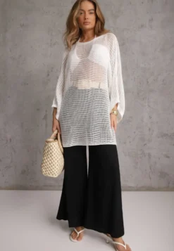 Czarne Spodnie High Waist Wide Leg z Wiskozą z Plecionym Paskiem Aridine