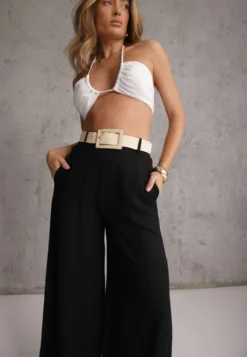 Czarne Spodnie High Waist Wide Leg z Wiskozą z Plecionym Paskiem Aridine