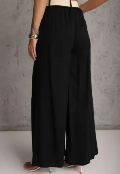 Czarne Spodnie High Waist Wide Leg z Wiskozą z Plecionym Paskiem Aridine