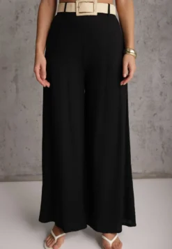 Czarne Spodnie High Waist Wide Leg z Wiskozą z Plecionym Paskiem Aridine