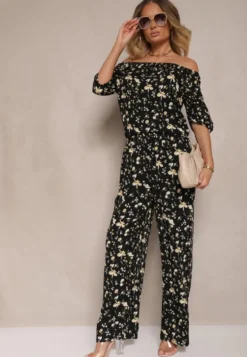 Czarne Spodnie High Waist w Kwiatowy Wzór Zolsedi