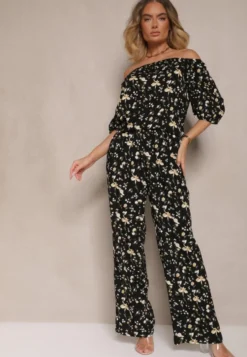 Czarne Spodnie High Waist w Kwiatowy Wzór Zolsedi