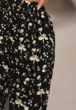 Czarne Spodnie High Waist w Kwiatowy Wzór Zolsedi
