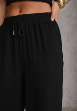 Czarne Spodnie High Waist ze Sznurkiem w Talii i Prostą Nogawką Raveann