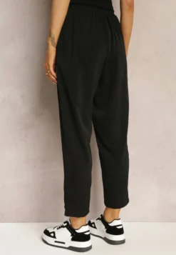 Czarne Spodnie High Waist z Gumką i Troczkiem w Pasie oraz Kieszeniami Arlettia