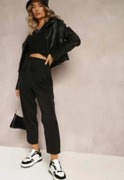 Czarne Spodnie High Waist z Gumką i Troczkiem w Pasie oraz Kieszeniami Arlettia