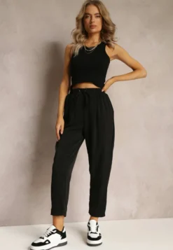 Czarne Spodnie High Waist z Gumką i Troczkiem w Pasie oraz Kieszeniami Arlettia