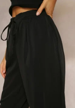 Czarne Spodnie High Waist z Gumką i Troczkiem w Pasie oraz Kieszeniami Arlettia