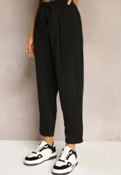 Czarne Spodnie High Waist z Gumką i Troczkiem w Pasie oraz Kieszeniami Arlettia